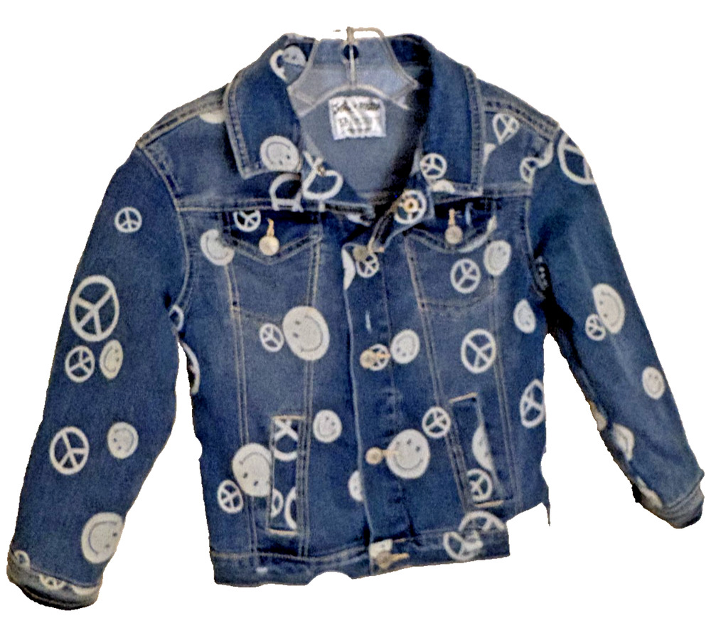 Justice Stranger Things girls' jean jacket, XS 5/6 smiles, peace signs, distress